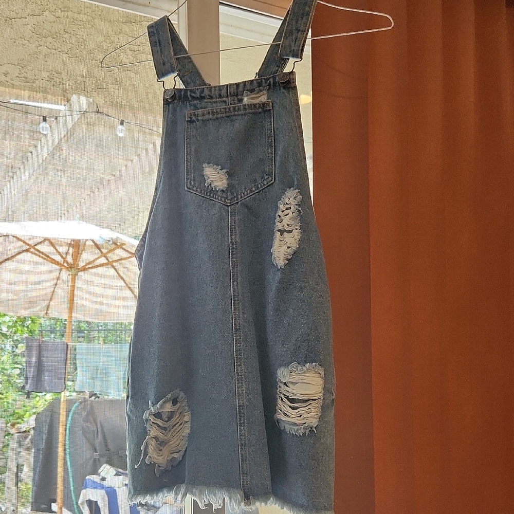 Cello Distressed Denim Overall Mini Dress in Blue
